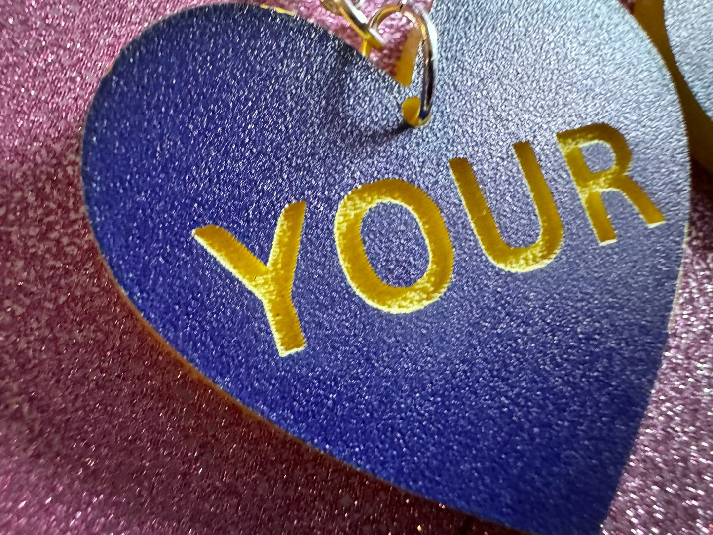 Custom Text Earrings: Laser Engraved Words, Blue with Yellow Text, Letters, Names, Teacher Gift, Anniversary, Best Gifts for Her/Him/Them