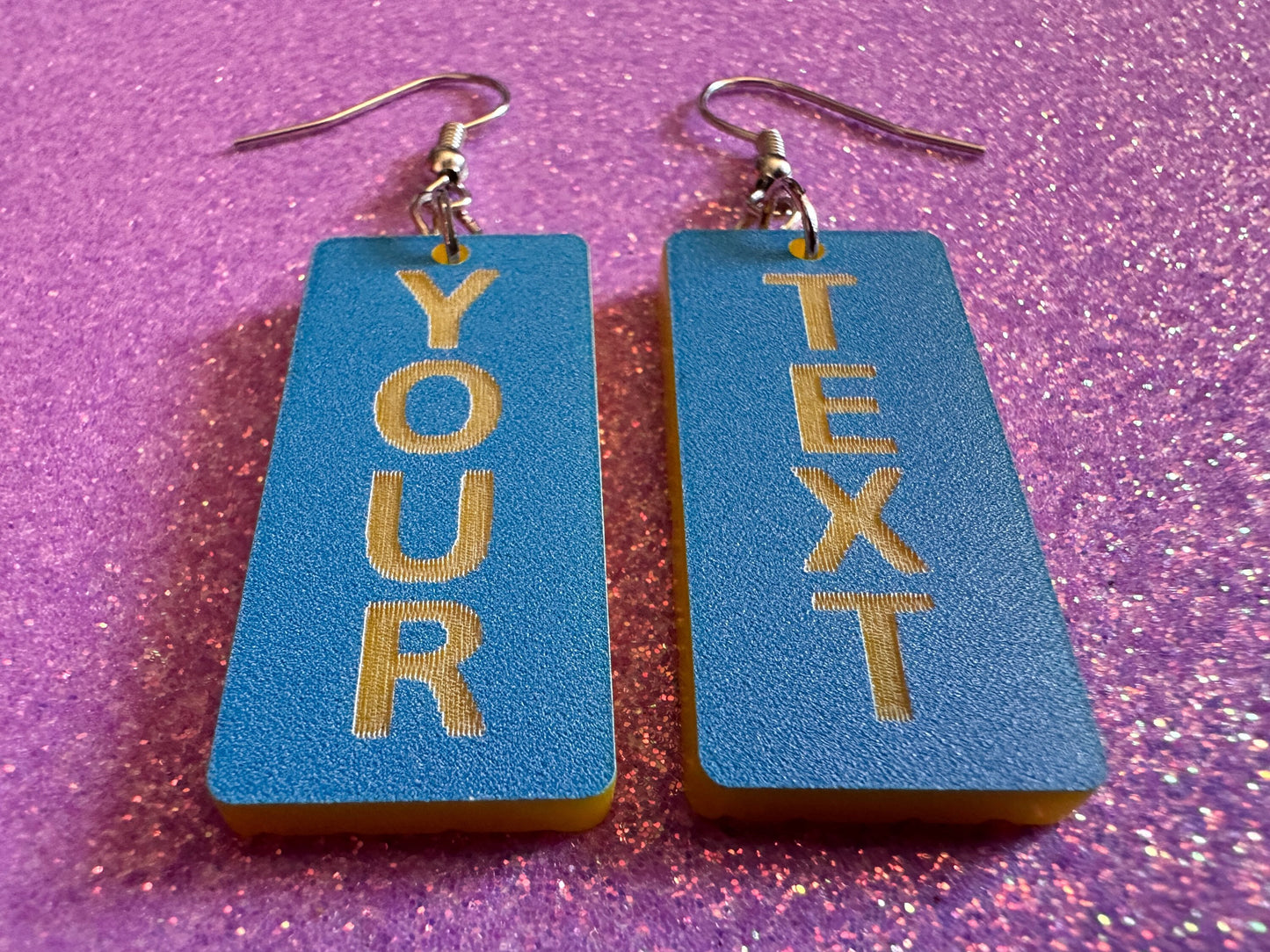 Custom Text Earrings: Laser Engraved Words, Blue with Yellow Text, Letters, Names, Teacher Gift, Anniversary, Best Gifts for Her/Him/Them