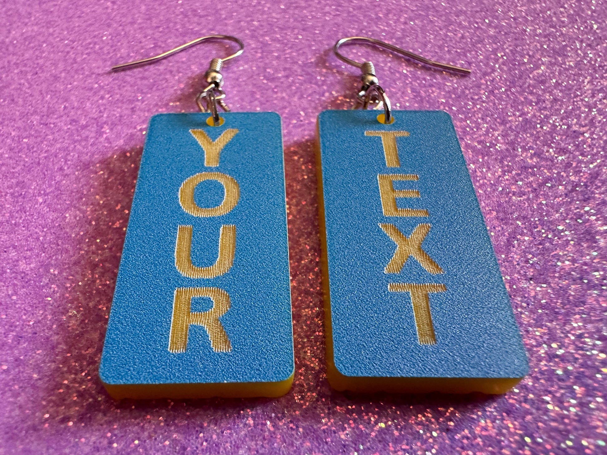 Custom Text Earrings: Laser Engraved Words, Blue with Yellow Text, Letters, Names, Teacher Gift, Anniversary, Best Gifts for Her/Him/Them