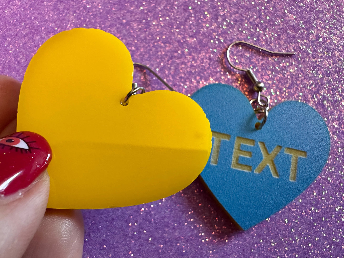 Custom Text Earrings: Laser Engraved Words, Blue with Yellow Text, Letters, Names, Teacher Gift, Anniversary, Best Gifts for Her/Him/Them