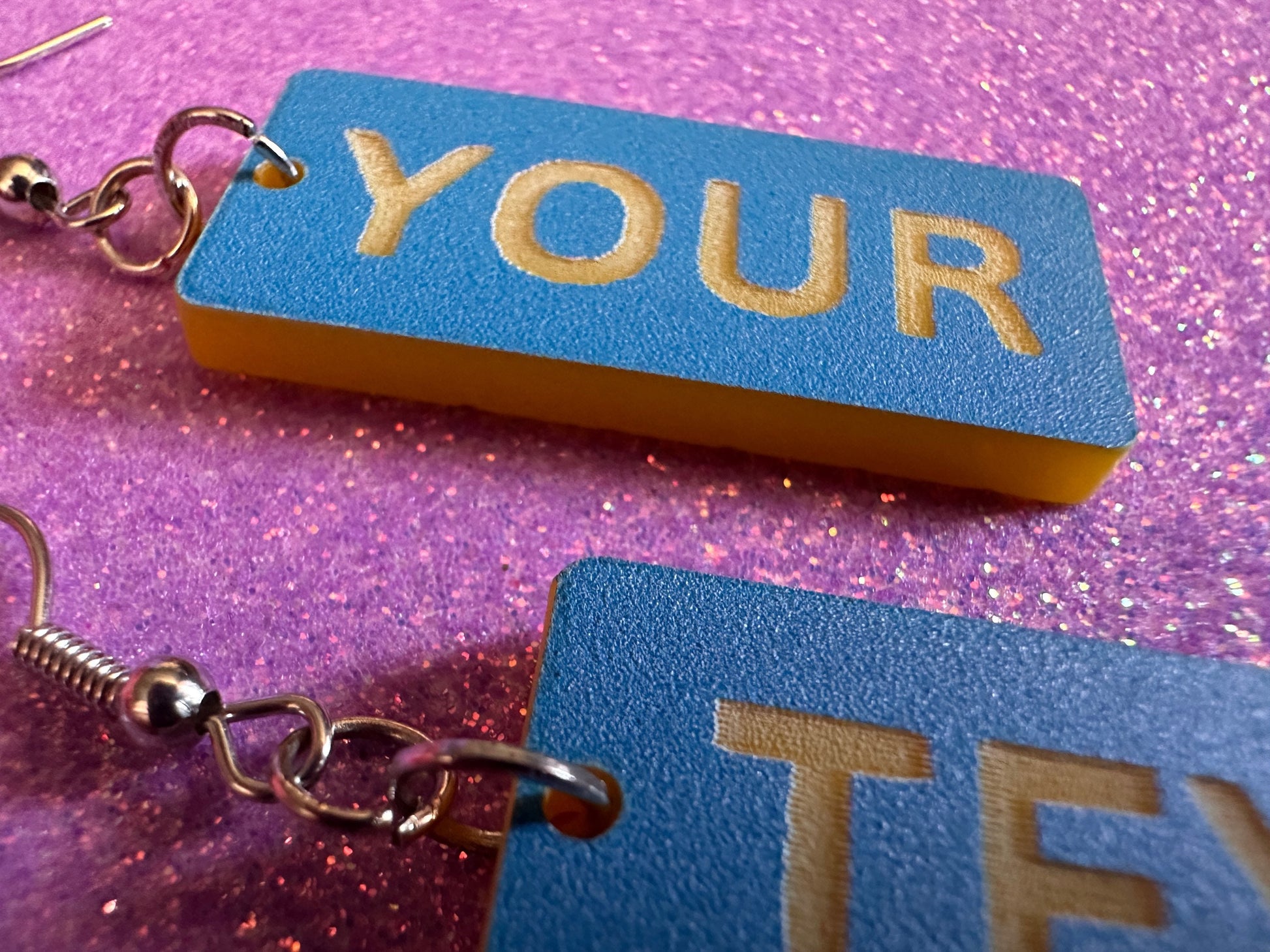 Custom Text Earrings: Laser Engraved Words, Blue with Yellow Text, Letters, Names, Teacher Gift, Anniversary, Best Gifts for Her/Him/Them