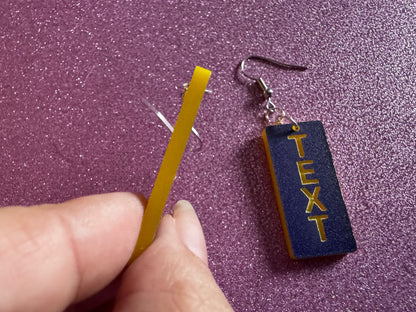 Custom Text Earrings: Laser Engraved Words, Blue with Yellow Text, Letters, Names, Teacher Gift, Anniversary, Best Gifts for Her/Him/Them