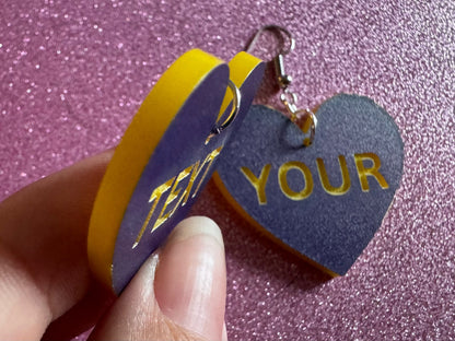 Custom Text Earrings: Laser Engraved Words, Blue with Yellow Text, Letters, Names, Teacher Gift, Anniversary, Best Gifts for Her/Him/Them