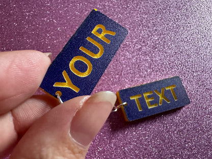 Custom Text Earrings: Laser Engraved Words, Blue with Yellow Text, Letters, Names, Teacher Gift, Anniversary, Best Gifts for Her/Him/Them