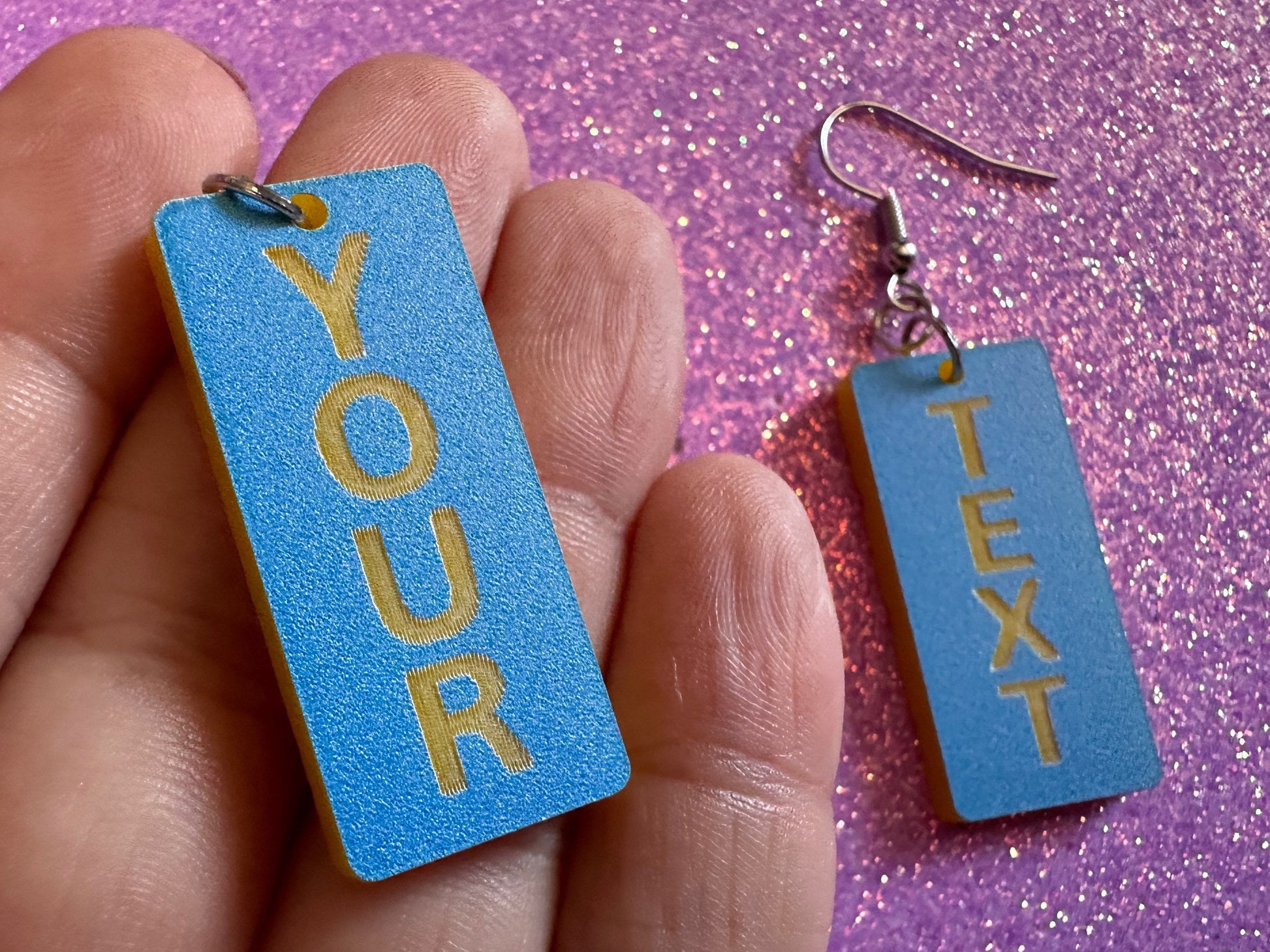 Custom Text Earrings: Laser Engraved Words, Blue with Yellow Text, Letters, Names, Teacher Gift, Anniversary, Best Gifts for Her/Him/Them