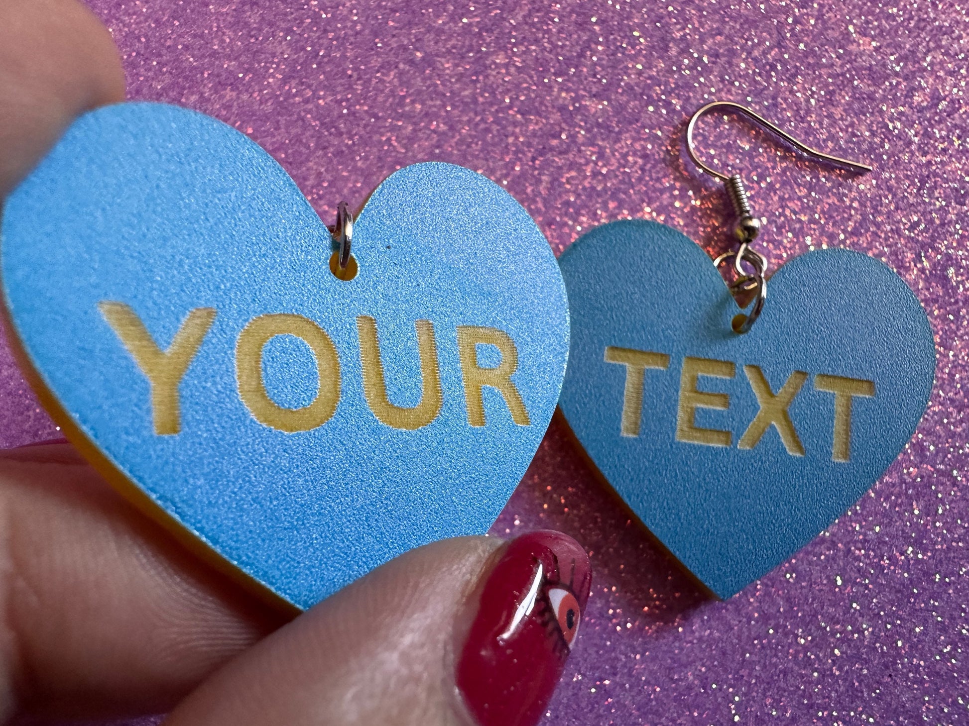 Custom Text Earrings: Laser Engraved Words, Blue with Yellow Text, Letters, Names, Teacher Gift, Anniversary, Best Gifts for Her/Him/Them