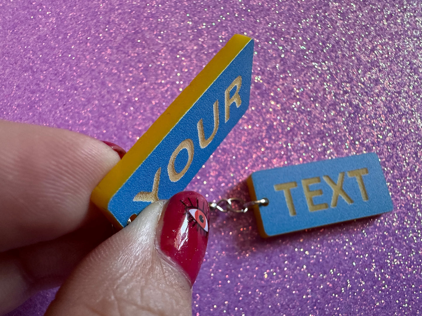Custom Text Earrings: Laser Engraved Words, Blue with Yellow Text, Letters, Names, Teacher Gift, Anniversary, Best Gifts for Her/Him/Them