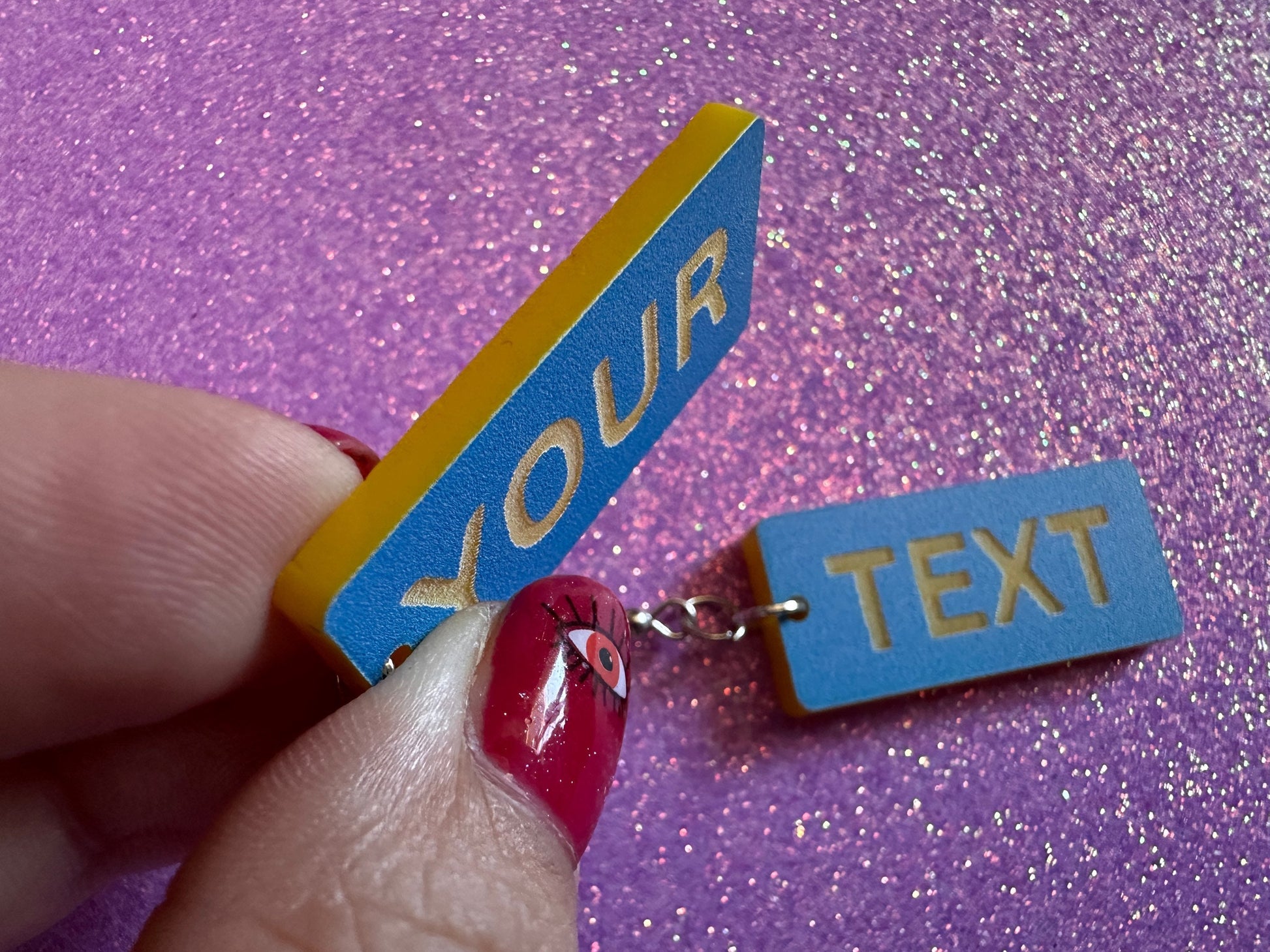 Custom Text Earrings: Laser Engraved Words, Blue with Yellow Text, Letters, Names, Teacher Gift, Anniversary, Best Gifts for Her/Him/Them