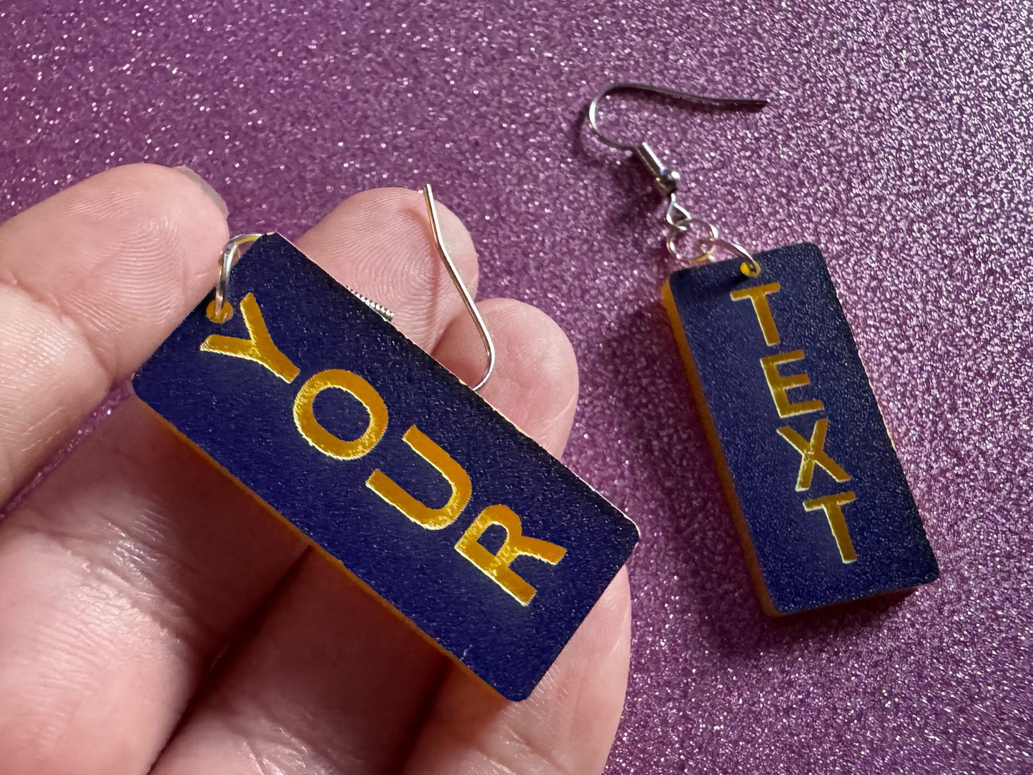 Custom Text Earrings: Laser Engraved Words, Blue with Yellow Text, Letters, Names, Teacher Gift, Anniversary, Best Gifts for Her/Him/Them