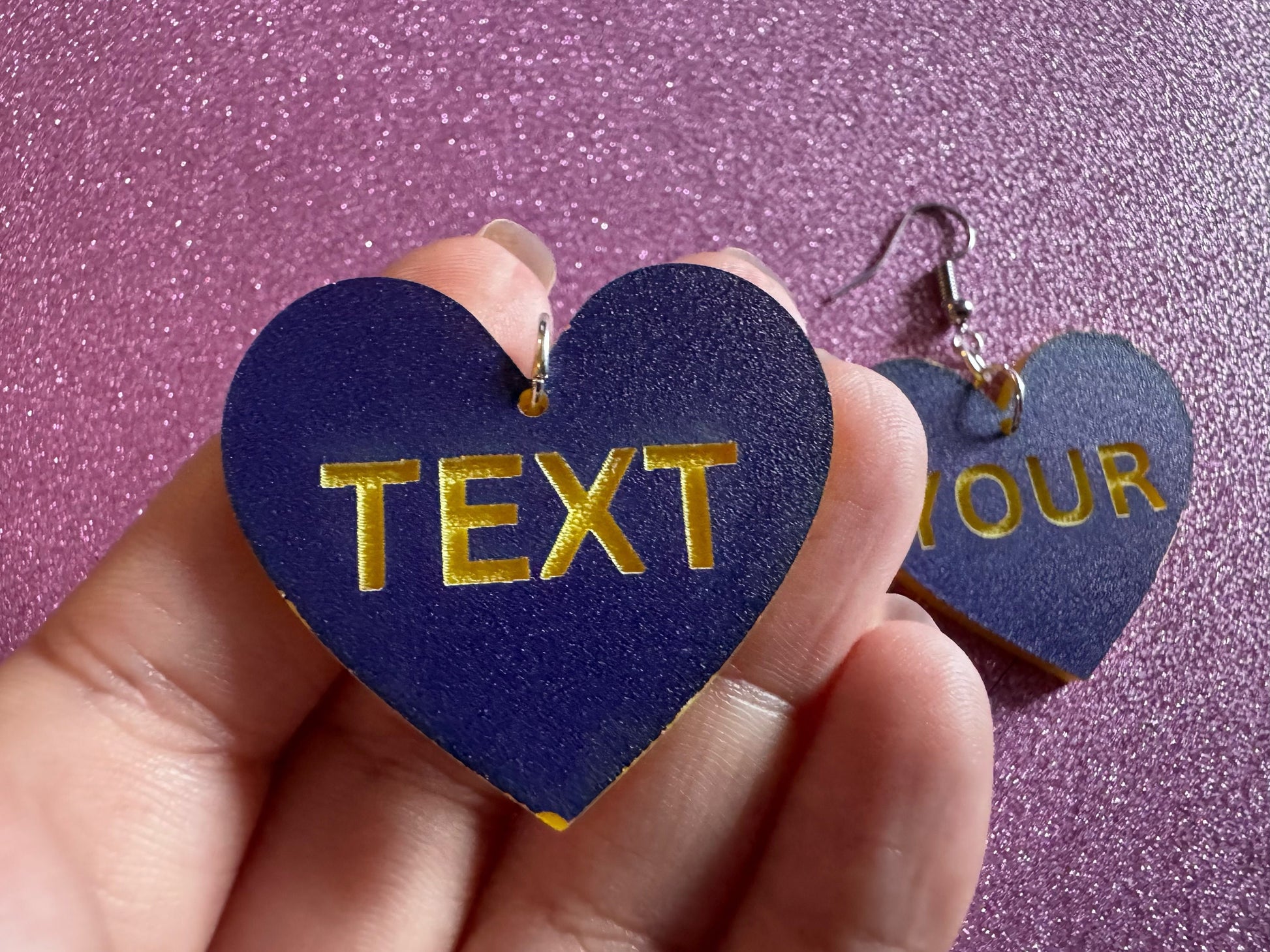 Custom Text Earrings: Laser Engraved Words, Blue with Yellow Text, Letters, Names, Teacher Gift, Anniversary, Best Gifts for Her/Him/Them