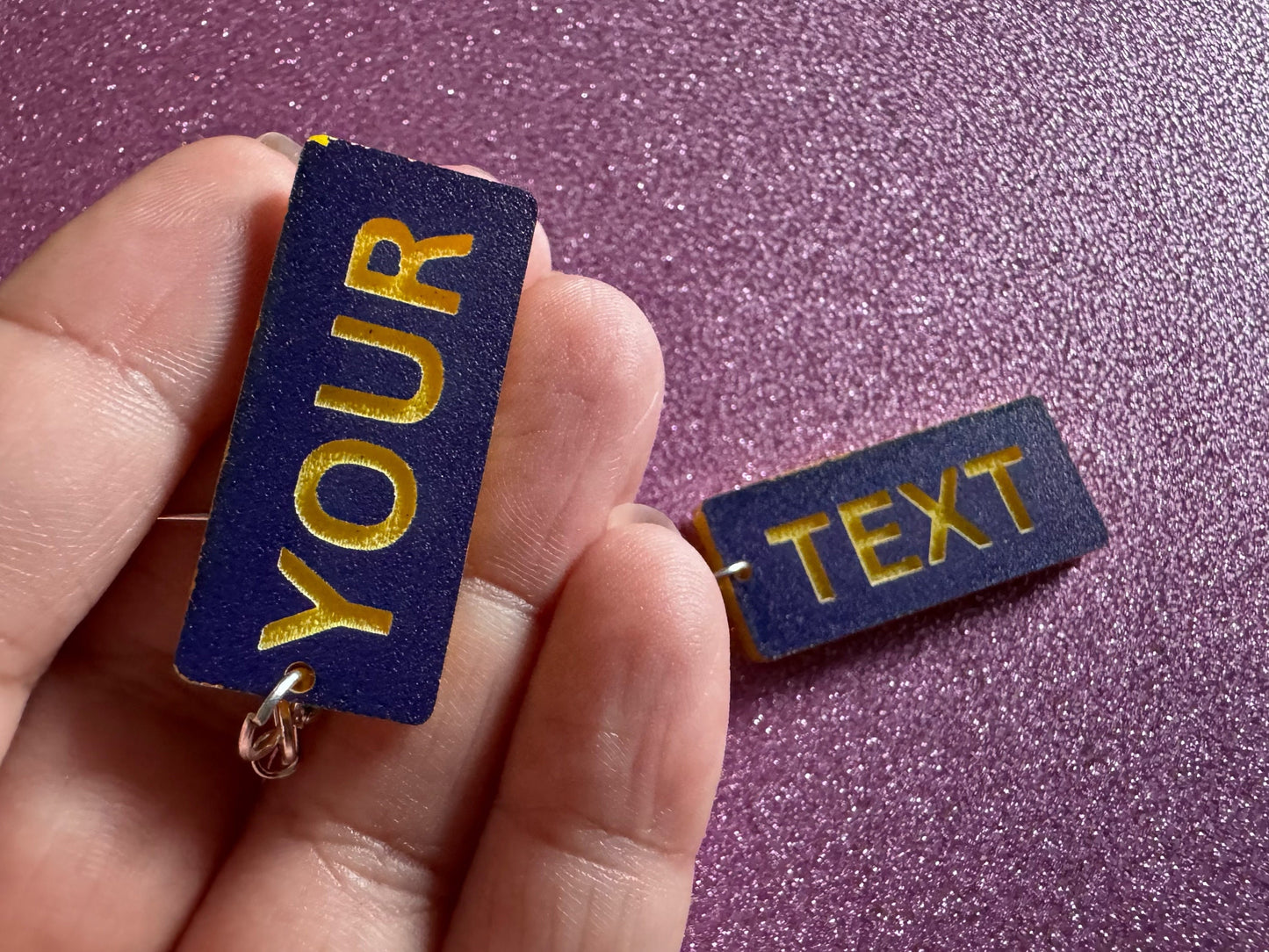 Custom Text Earrings: Laser Engraved Words, Blue with Yellow Text, Letters, Names, Teacher Gift, Anniversary, Best Gifts for Her/Him/Them
