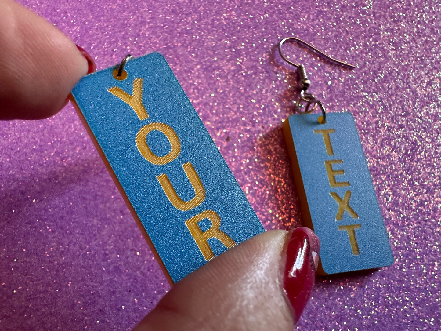 Custom Text Earrings: Laser Engraved Words, Blue with Yellow Text, Letters, Names, Teacher Gift, Anniversary, Best Gifts for Her/Him/Them