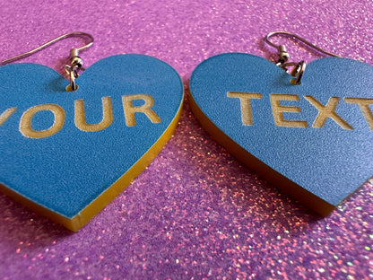 Custom Text Earrings: Laser Engraved Words, Blue with Yellow Text, Letters, Names, Teacher Gift, Anniversary, Best Gifts for Her/Him/Them