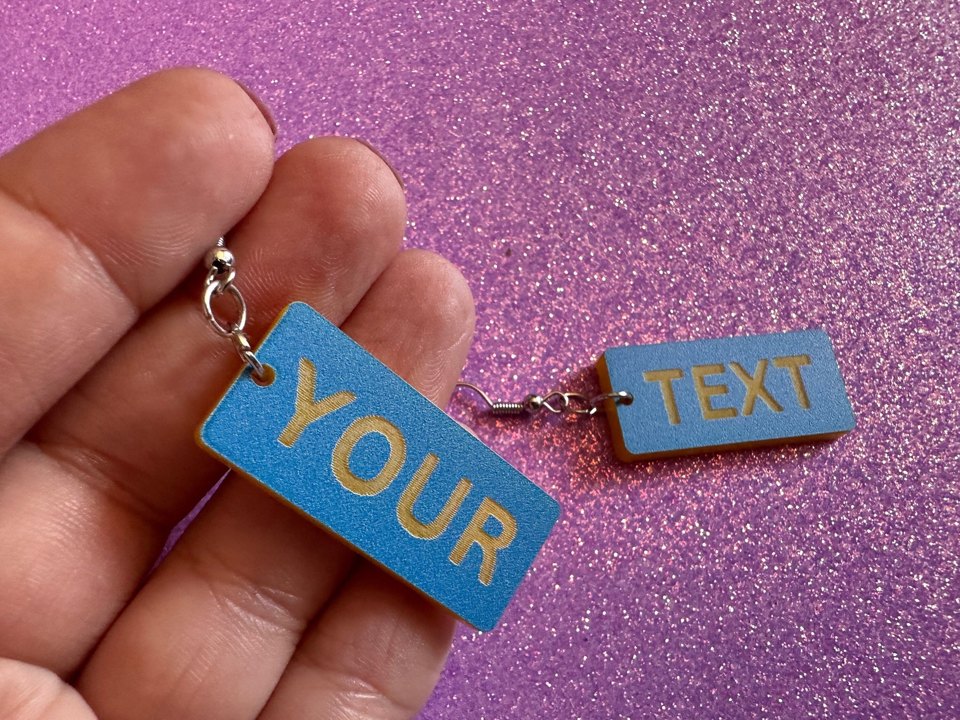 Custom Text Earrings: Laser Engraved Words, Blue with Yellow Text, Letters, Names, Teacher Gift, Anniversary, Best Gifts for Her/Him/Them