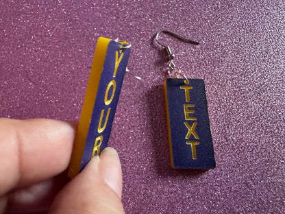 Custom Text Earrings: Laser Engraved Words, Blue with Yellow Text, Letters, Names, Teacher Gift, Anniversary, Best Gifts for Her/Him/Them