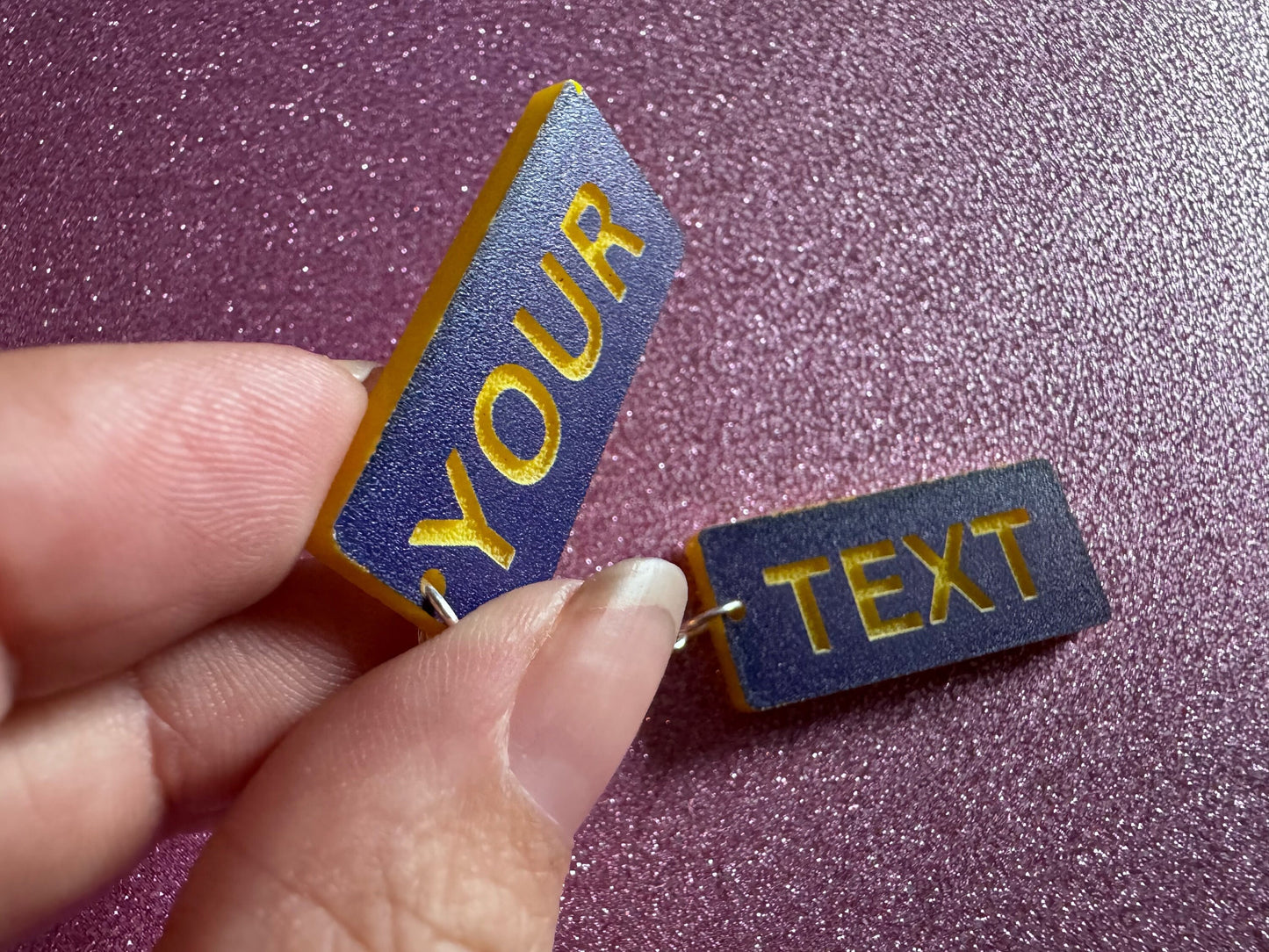 Custom Text Earrings: Laser Engraved Words, Blue with Yellow Text, Letters, Names, Teacher Gift, Anniversary, Best Gifts for Her/Him/Them