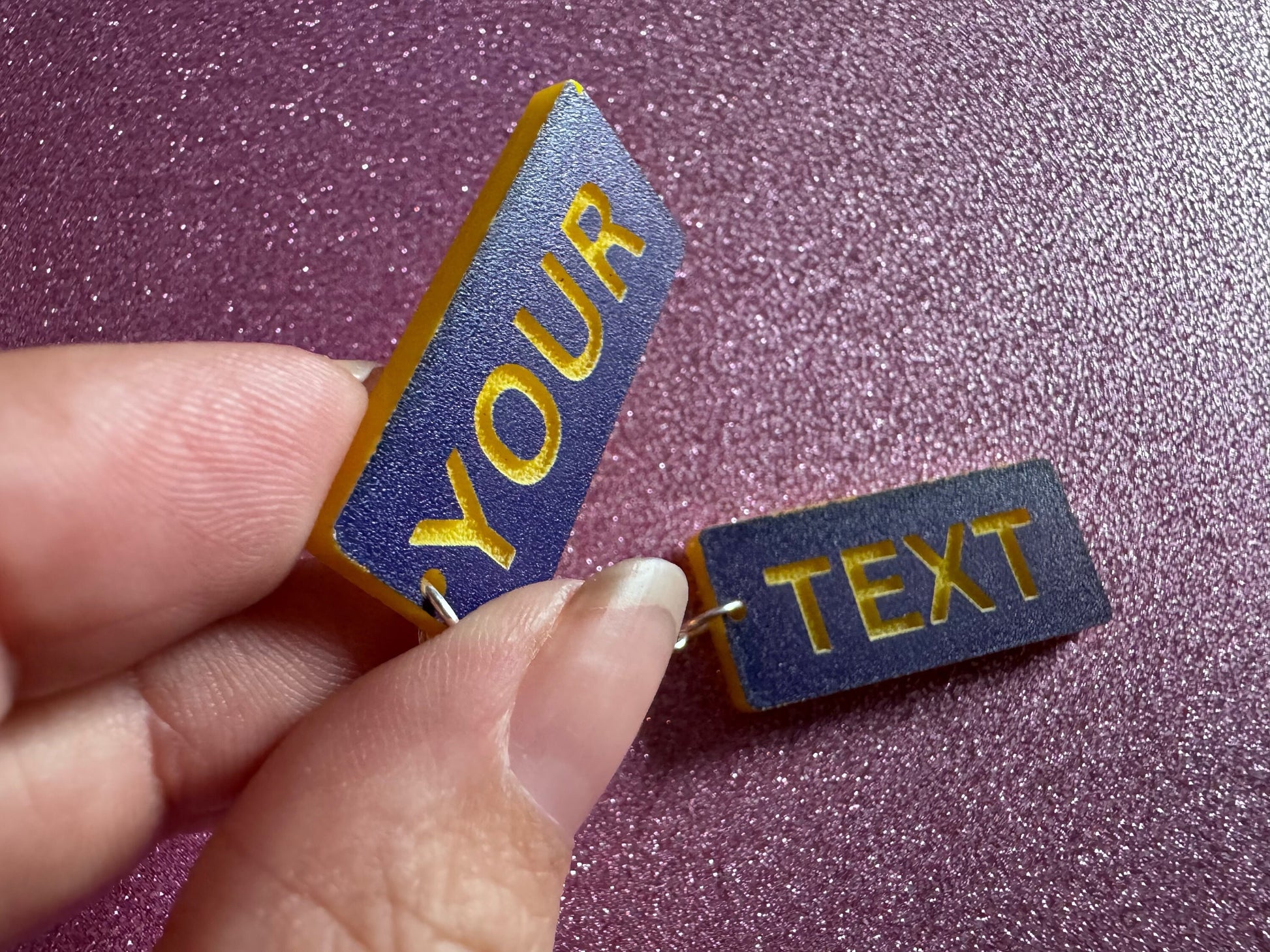 Custom Text Earrings: Laser Engraved Words, Blue with Yellow Text, Letters, Names, Teacher Gift, Anniversary, Best Gifts for Her/Him/Them