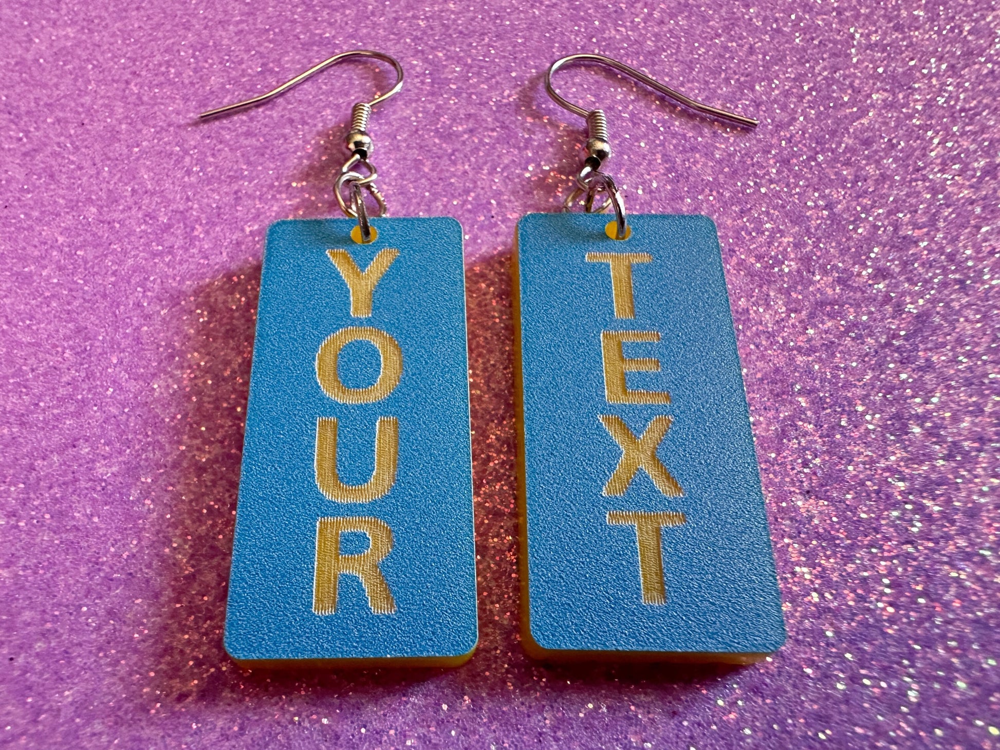 Custom Text Earrings: Laser Engraved Words, Blue with Yellow Text, Letters, Names, Teacher Gift, Anniversary, Best Gifts for Her/Him/Them
