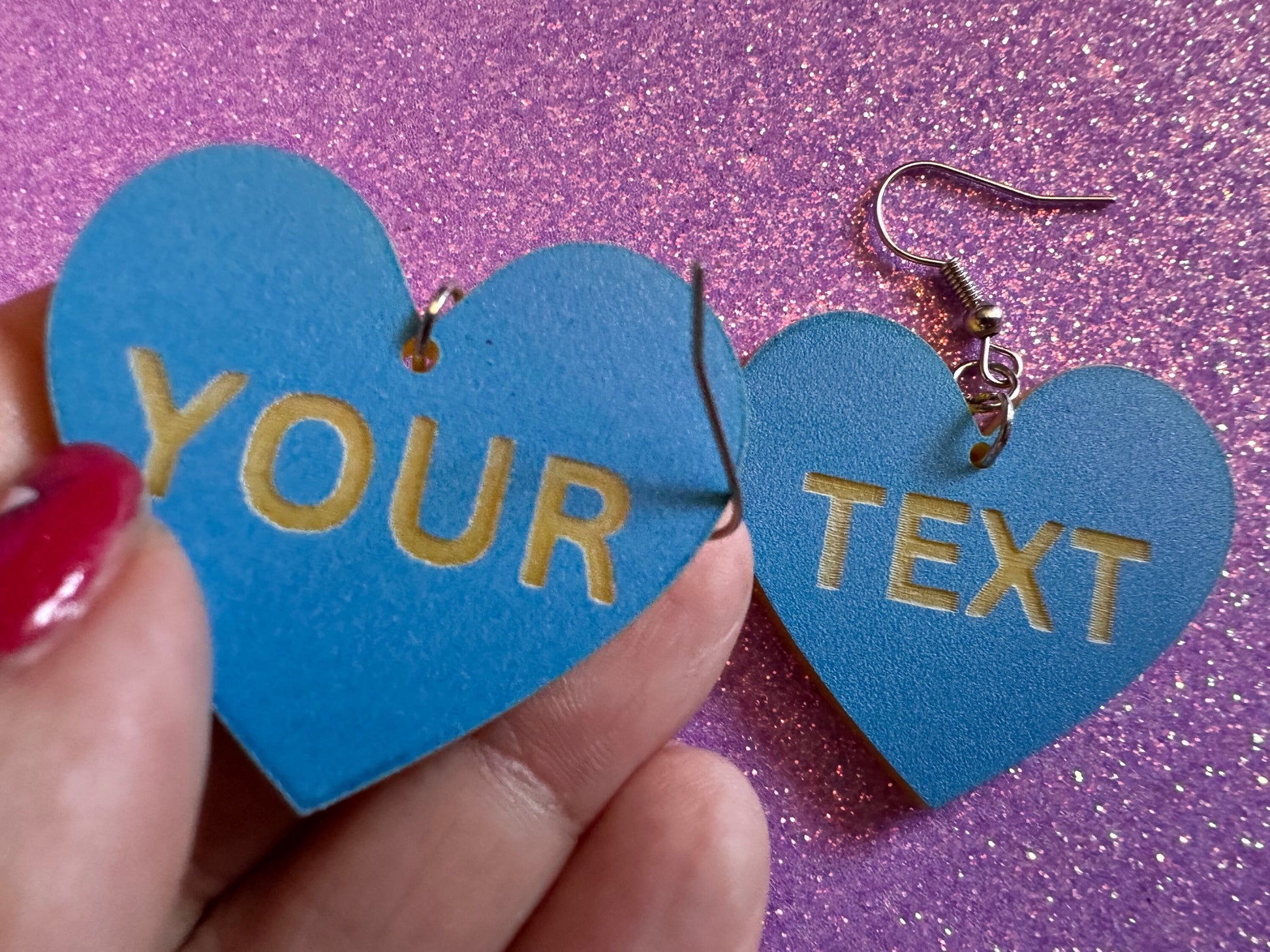 Custom Text Earrings: Laser Engraved Words, Blue with Yellow Text, Letters, Names, Teacher Gift, Anniversary, Best Gifts for Her/Him/Them