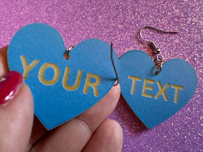 Custom Text Earrings: Laser Engraved Words, Blue with Yellow Text, Letters, Names, Teacher Gift, Anniversary, Best Gifts for Her/Him/Them