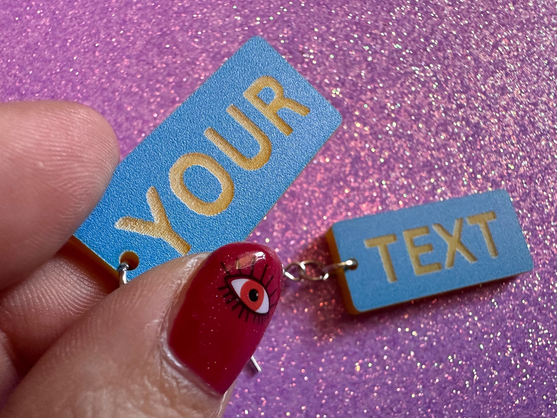 Custom Text Earrings: Laser Engraved Words, Blue with Yellow Text, Letters, Names, Teacher Gift, Anniversary, Best Gifts for Her/Him/Them