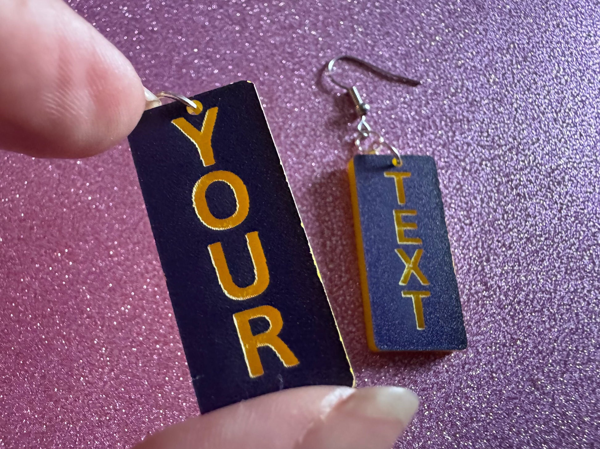 Custom Text Earrings: Laser Engraved Words, Blue with Yellow Text, Letters, Names, Teacher Gift, Anniversary, Best Gifts for Her/Him/Them