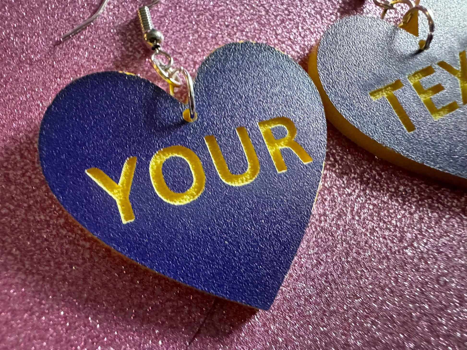 Custom Text Earrings: Laser Engraved Words, Blue with Yellow Text, Letters, Names, Teacher Gift, Anniversary, Best Gifts for Her/Him/Them