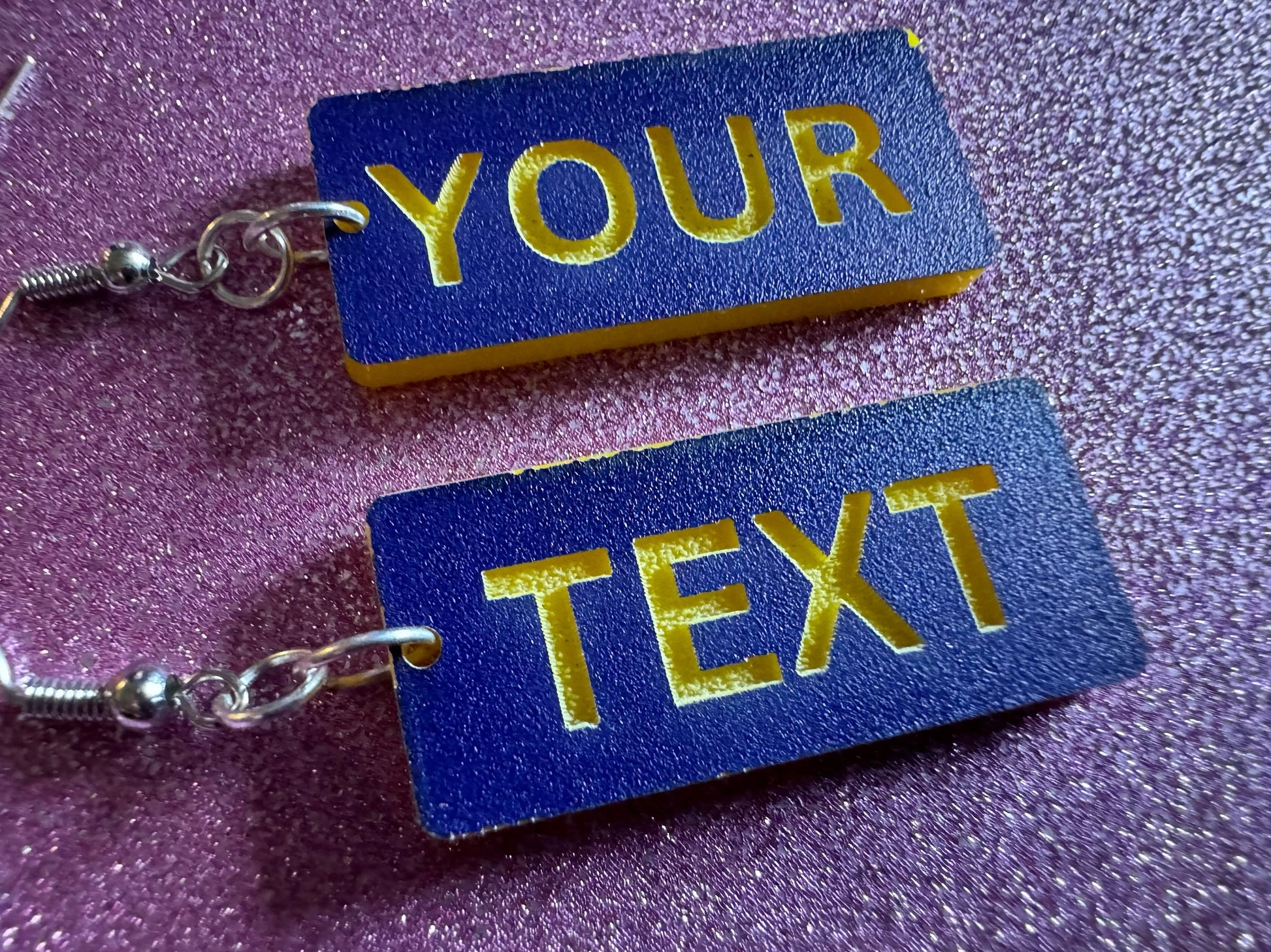 Custom Text Earrings: Laser Engraved Words, Blue with Yellow Text, Letters, Names, Teacher Gift, Anniversary, Best Gifts for Her/Him/Them