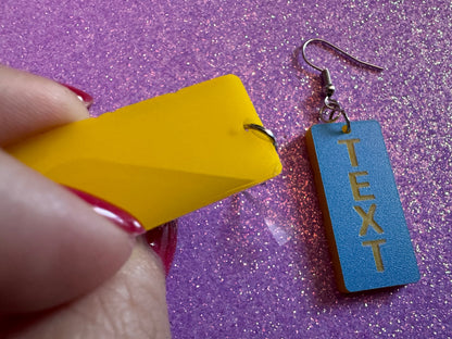 Custom Text Earrings: Laser Engraved Words, Blue with Yellow Text, Letters, Names, Teacher Gift, Anniversary, Best Gifts for Her/Him/Them