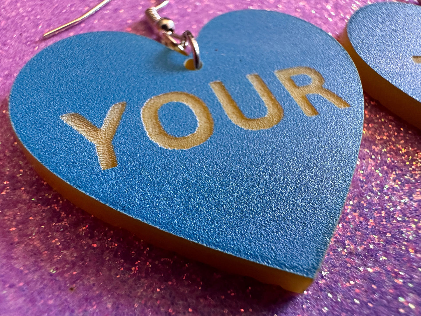 Custom Text Earrings: Laser Engraved Words, Blue with Yellow Text, Letters, Names, Teacher Gift, Anniversary, Best Gifts for Her/Him/Them