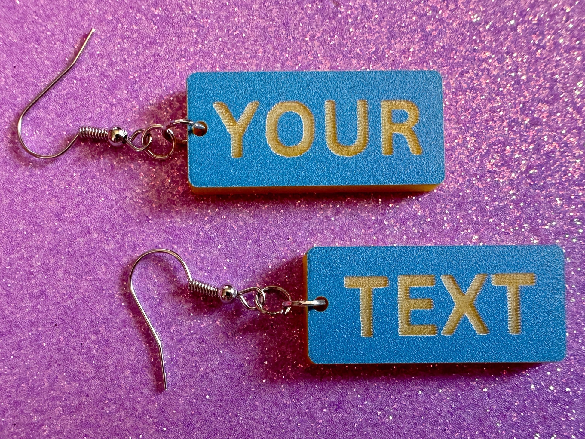 Custom Text Earrings: Laser Engraved Words, Blue with Yellow Text, Letters, Names, Teacher Gift, Anniversary, Best Gifts for Her/Him/Them
