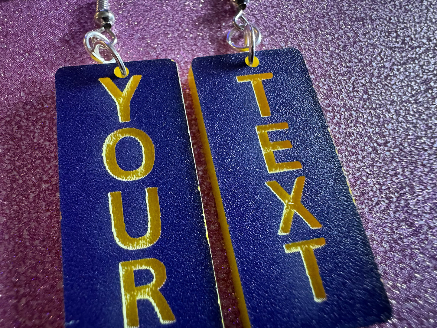 Custom Text Earrings: Laser Engraved Words, Blue with Yellow Text, Letters, Names, Teacher Gift, Anniversary, Best Gifts for Her/Him/Them