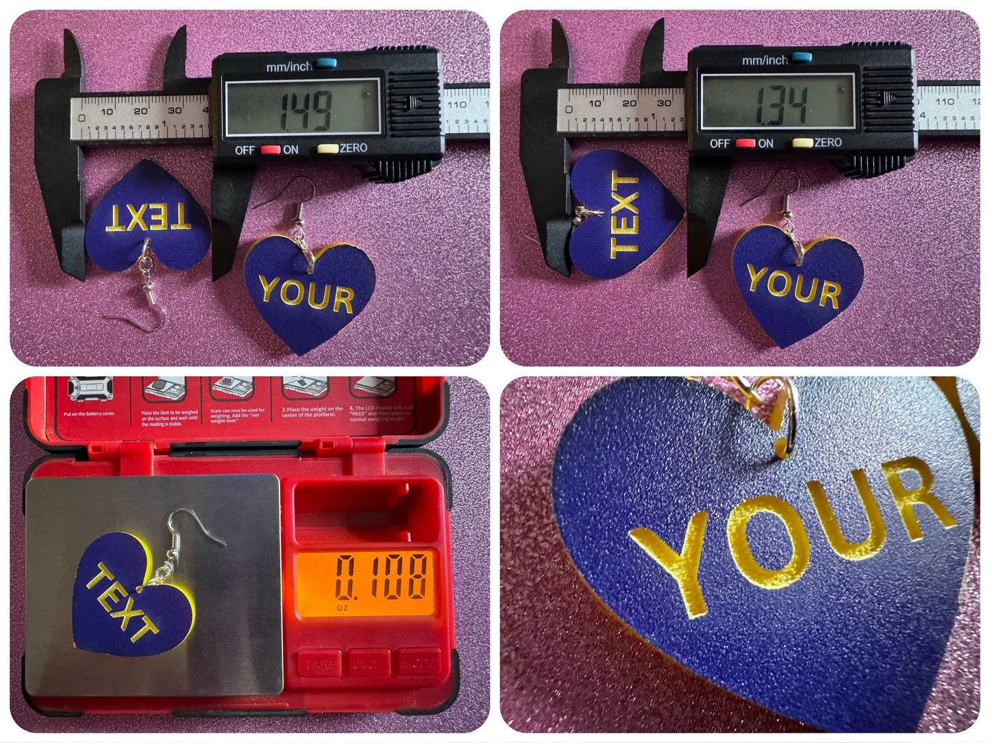 Custom Text Earrings: Laser Engraved Words, Blue with Yellow Text, Letters, Names, Teacher Gift, Anniversary, Best Gifts for Her/Him/Them