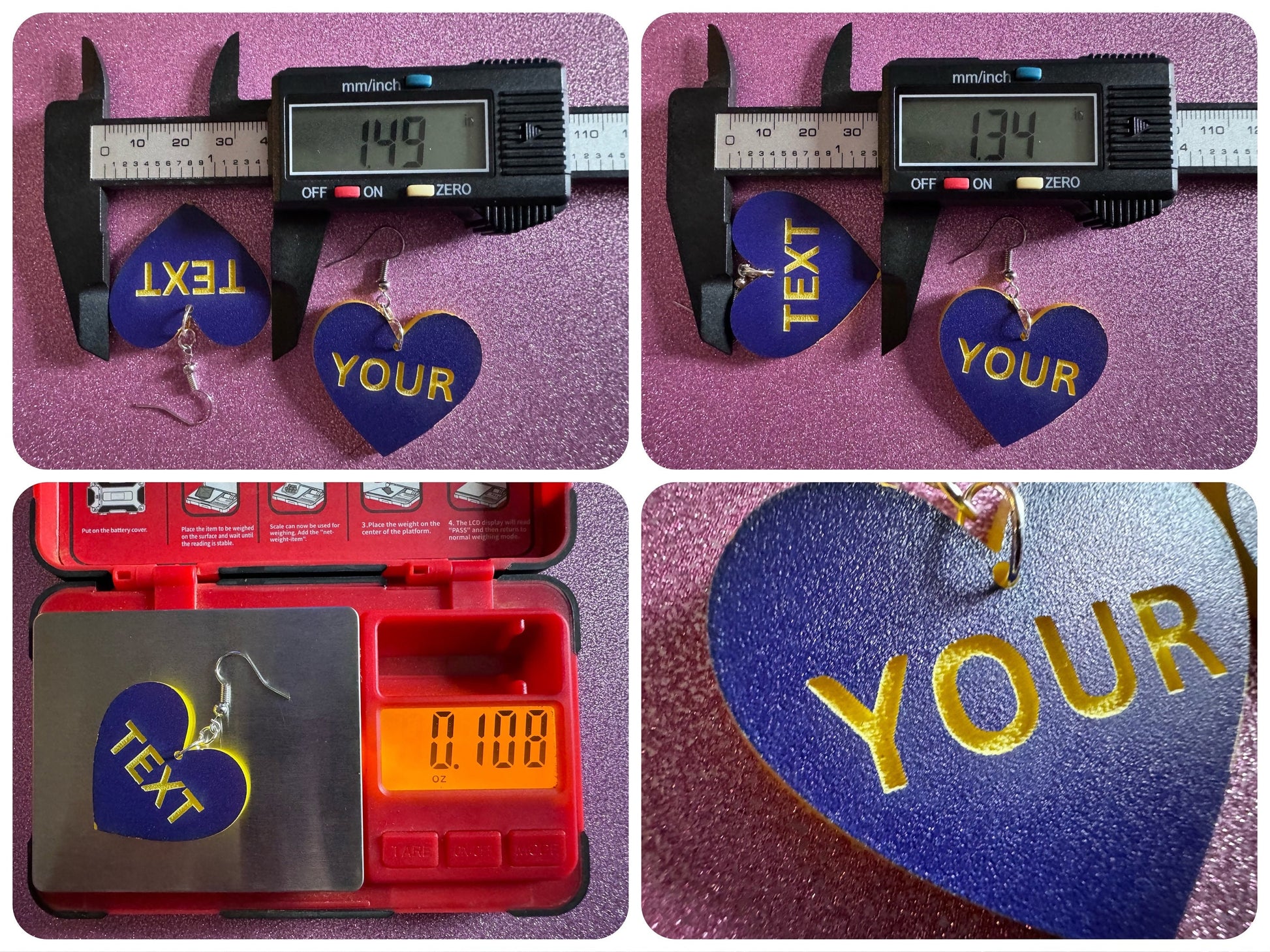 Custom Text Earrings: Laser Engraved Words, Blue with Yellow Text, Letters, Names, Teacher Gift, Anniversary, Best Gifts for Her/Him/Them