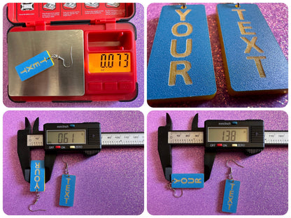 Custom Text Earrings: Laser Engraved Words, Blue with Yellow Text, Letters, Names, Teacher Gift, Anniversary, Best Gifts for Her/Him/Them