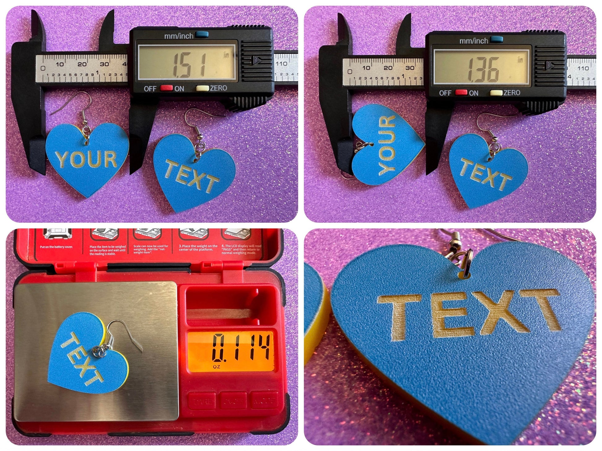 Custom Text Earrings: Laser Engraved Words, Blue with Yellow Text, Letters, Names, Teacher Gift, Anniversary, Best Gifts for Her/Him/Them