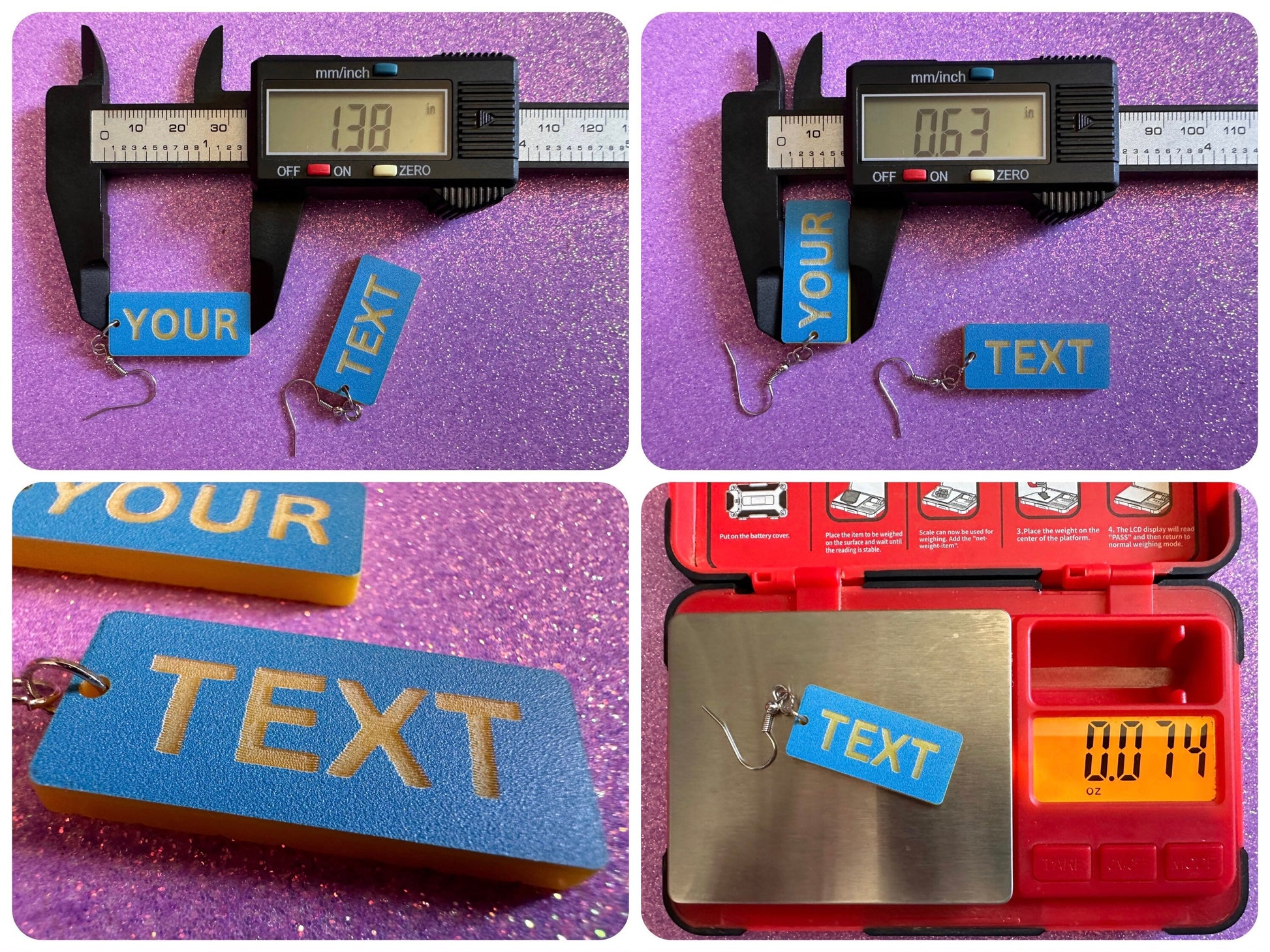 Custom Text Earrings: Laser Engraved Words, Blue with Yellow Text, Letters, Names, Teacher Gift, Anniversary, Best Gifts for Her/Him/Them