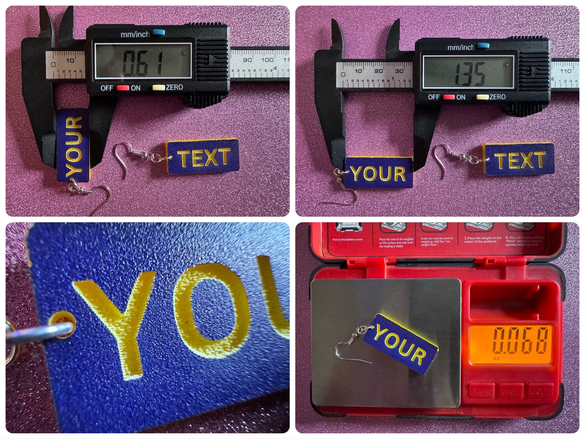 Custom Text Earrings: Laser Engraved Words, Blue with Yellow Text, Letters, Names, Teacher Gift, Anniversary, Best Gifts for Her/Him/Them