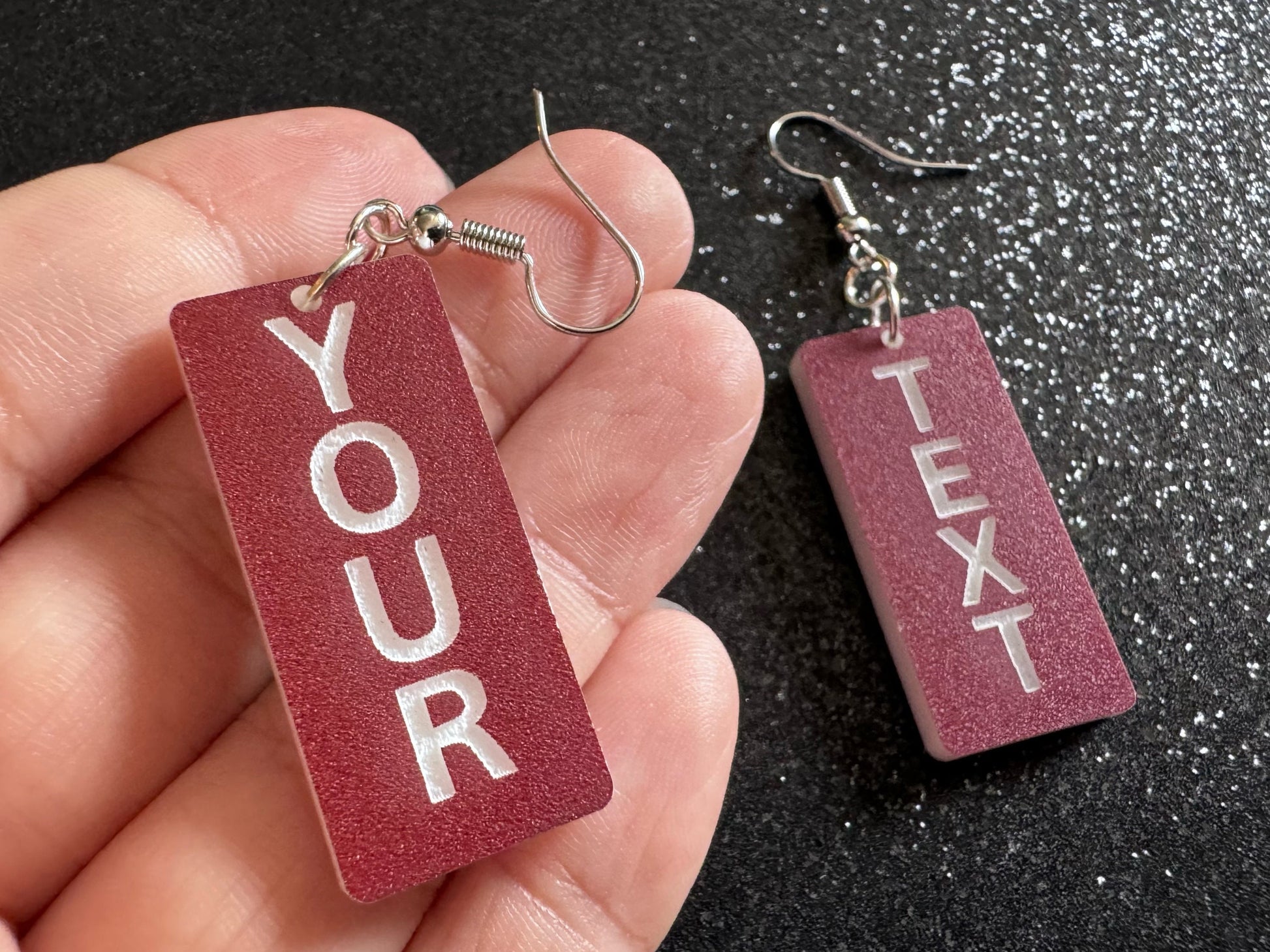 Custom Text Earrings: Laser Engraved Words, Brown with White Text, Letters, Names, Teacher Gift, Anniversary, Best Gifts for Her/Him/Them