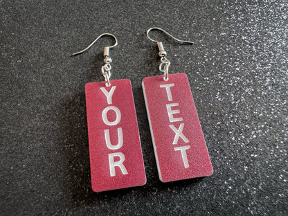 Custom Text Earrings: Laser Engraved Words, Brown with White Text, Letters, Names, Teacher Gift, Anniversary, Best Gifts for Her/Him/Them