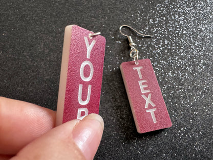 Custom Text Earrings: Laser Engraved Words, Brown with White Text, Letters, Names, Teacher Gift, Anniversary, Best Gifts for Her/Him/Them