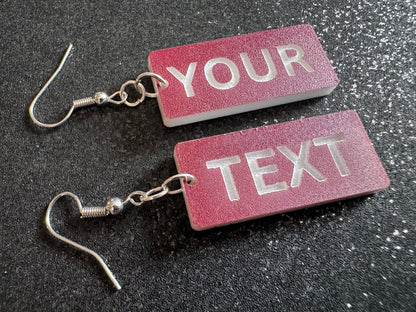 Custom Text Earrings: Laser Engraved Words, Brown with White Text, Letters, Names, Teacher Gift, Anniversary, Best Gifts for Her/Him/Them