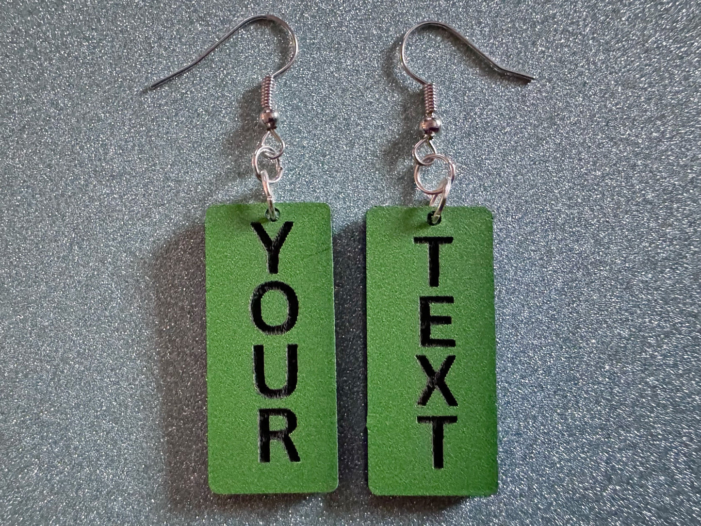 Custom Text Earrings: Laser Engraved Words, Green with Black Text, Letters, Names, Teacher Gift, Anniversary, Best Gifts for Her/Him/Them