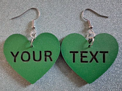 Custom Text Earrings: Laser Engraved Words, Green with Black Text, Letters, Names, Teacher Gift, Anniversary, Best Gifts for Her/Him/Them