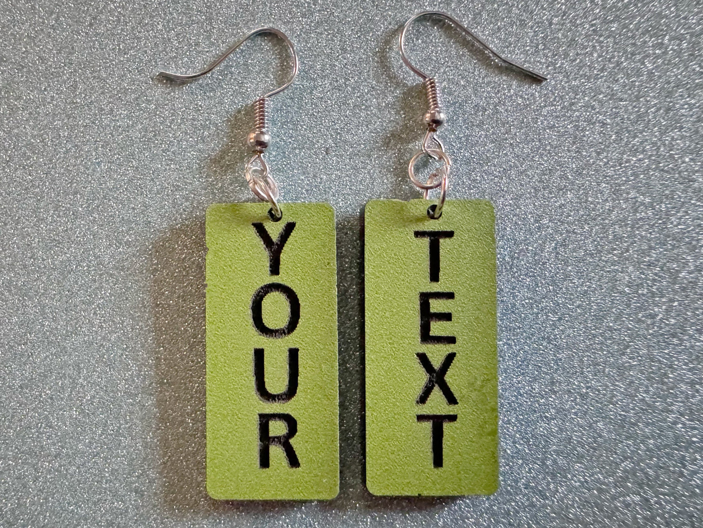 Custom Text Earrings: Laser Engraved Words, Green with Black Text, Letters, Names, Teacher Gift, Anniversary, Best Gifts for Her/Him/Them