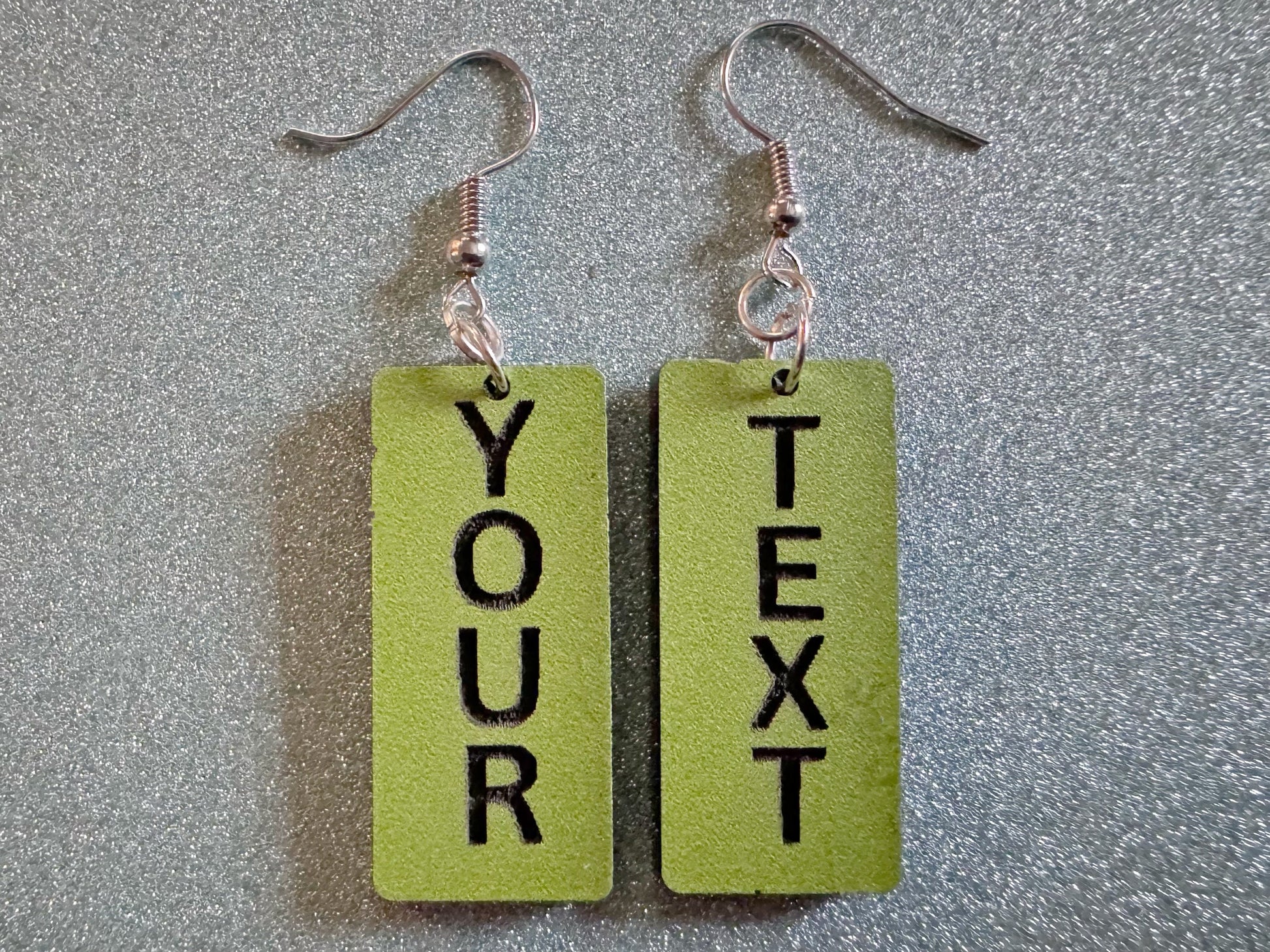 Custom Text Earrings: Laser Engraved Words, Green with Black Text, Letters, Names, Teacher Gift, Anniversary, Best Gifts for Her/Him/Them