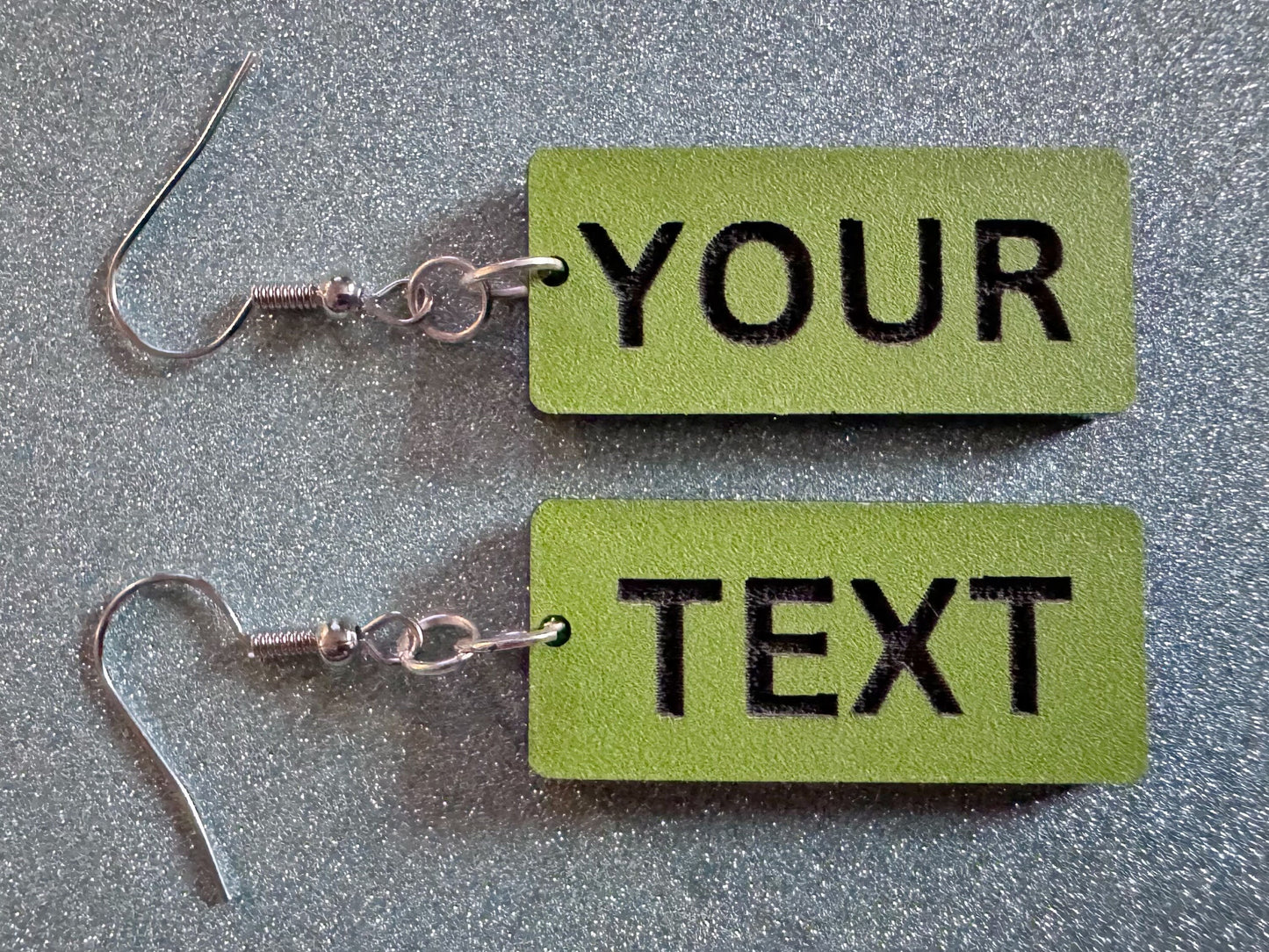 Custom Text Earrings: Laser Engraved Words, Green with Black Text, Letters, Names, Teacher Gift, Anniversary, Best Gifts for Her/Him/Them