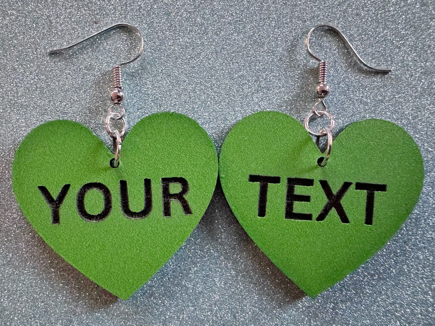 Custom Text Earrings: Laser Engraved Words, Green with Black Text, Letters, Names, Teacher Gift, Anniversary, Best Gifts for Her/Him/Them