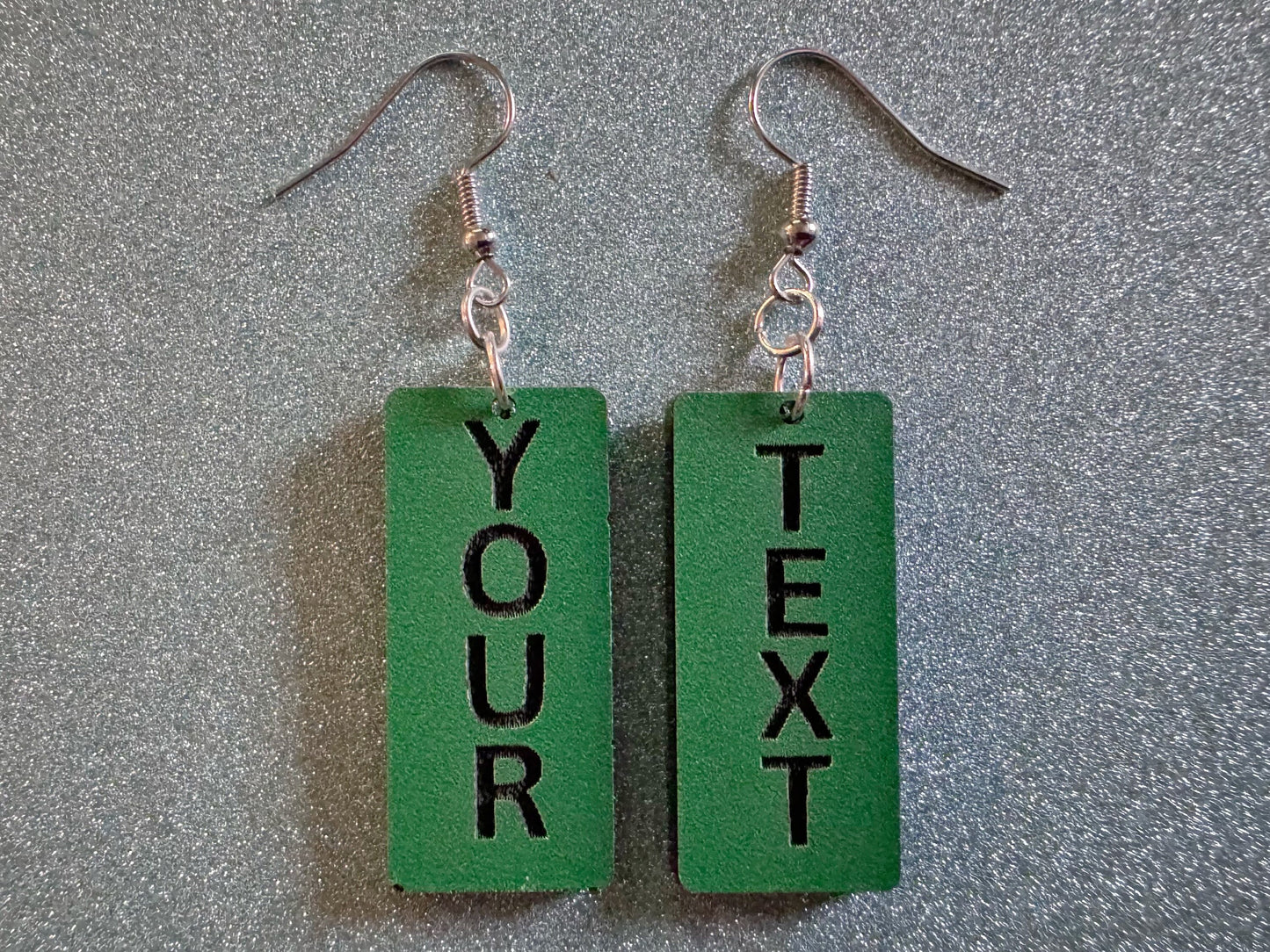 Custom Text Earrings: Laser Engraved Words, Green with Black Text, Letters, Names, Teacher Gift, Anniversary, Best Gifts for Her/Him/Them