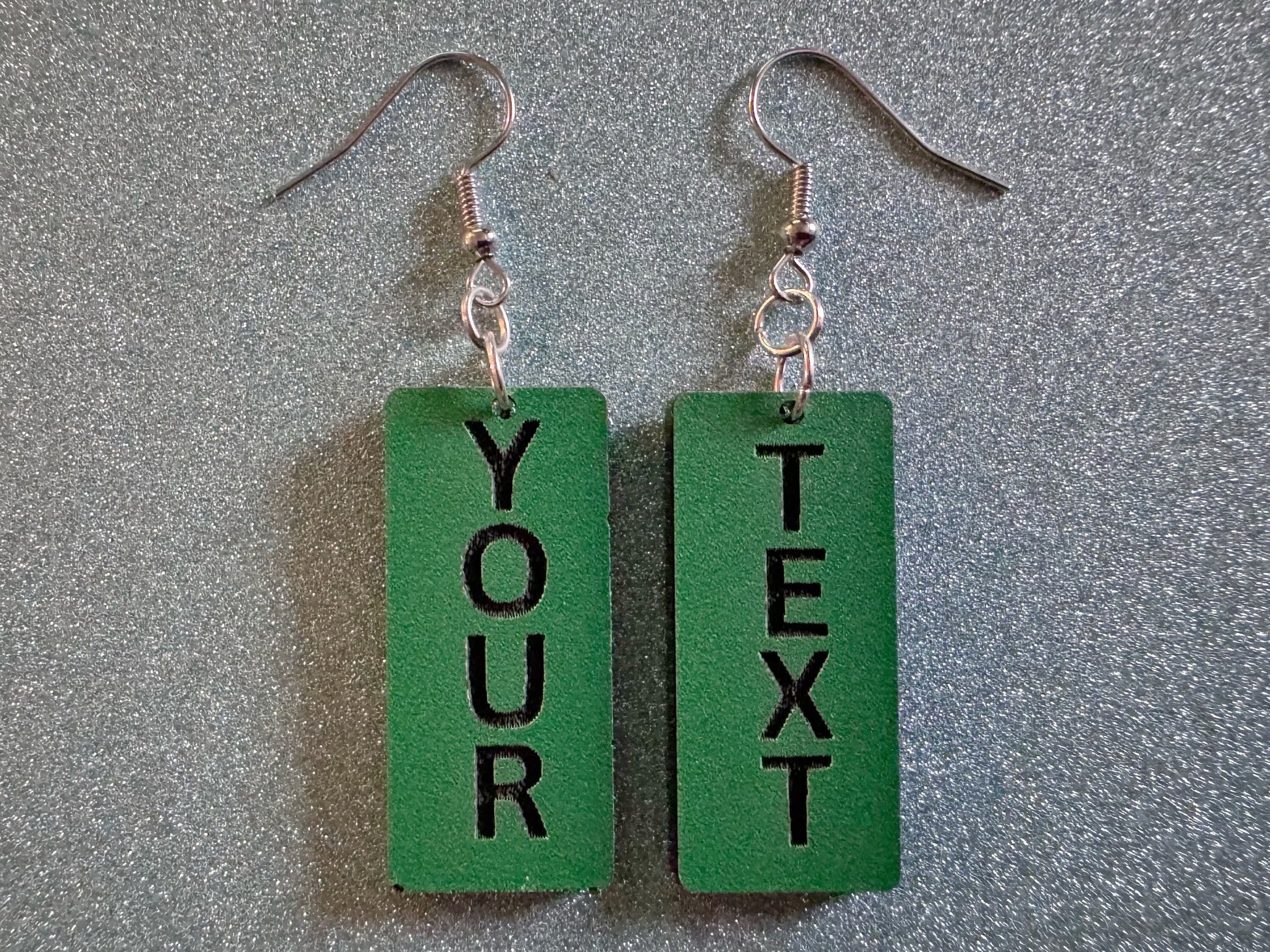 Custom Text Earrings: Laser Engraved Words, Green with Black Text, Letters, Names, Teacher Gift, Anniversary, Best Gifts for Her/Him/Them